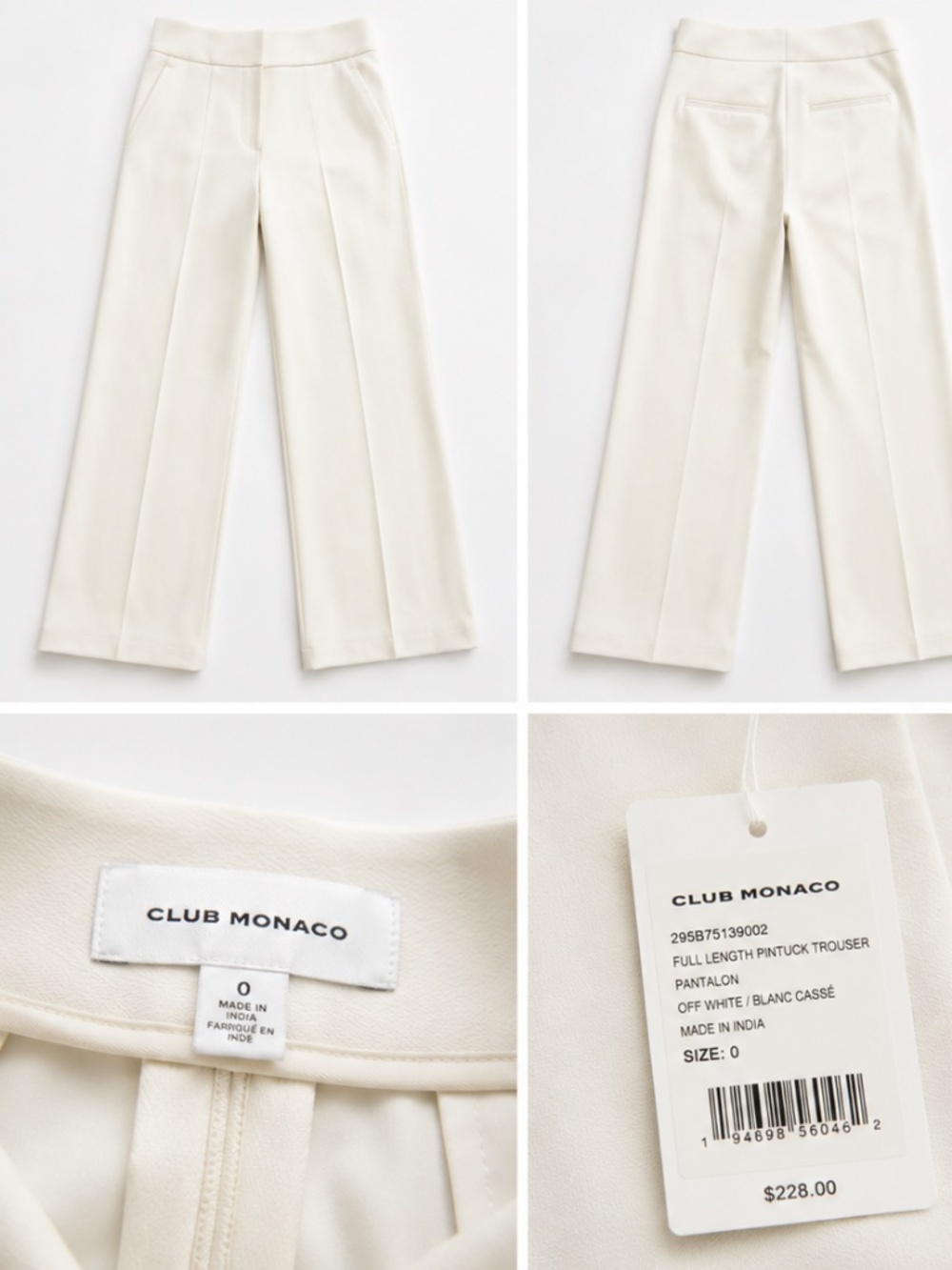 NWT Club Monaco Full Length Pintuck Trousers Off White 00P